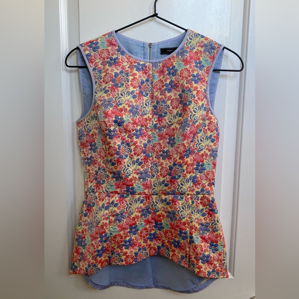Bcbgmaxazria Peplum Blue and Pink Floral Stitched Top